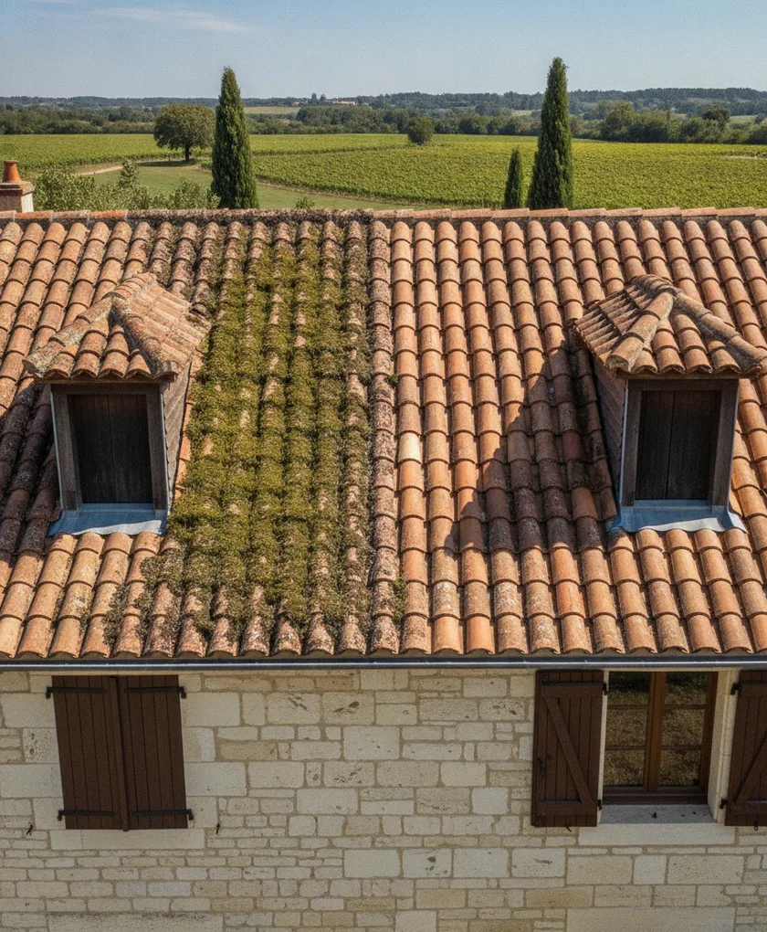 Couvreur au travail sur une installation de couverture en Gironde